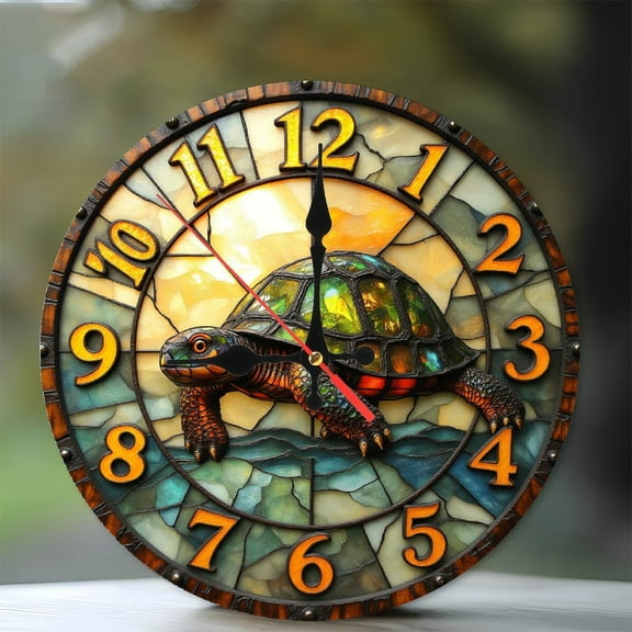 Stained Glass Turtle Wall Clock for Home Decor 10-Inch Silent Wooden Wall Clock, Battery Operated (AA Batteries Not Included), Artistic Home Decor