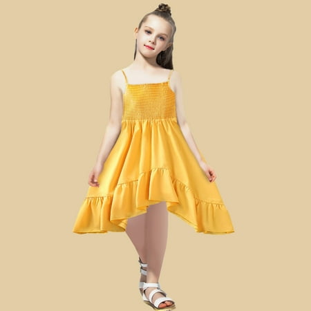 

PEASKJP Hawaiian Dresses for Girls Short Sleeve Mid-Length Crew Neck Tulle Slit Formal Evening Gowns A-Line Wedding Dress Vintage Ruffled Floral Loose Maxi Dresses Yellow 4-5 Years