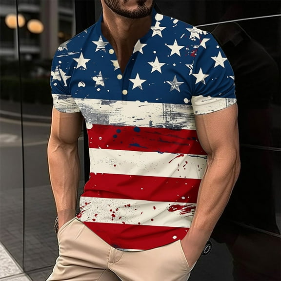 WAENQINLA 4th of July Shirts for Men USA American Flag Red White Blue Patriotic Shirt Short Sleeve Independence Day Shirts