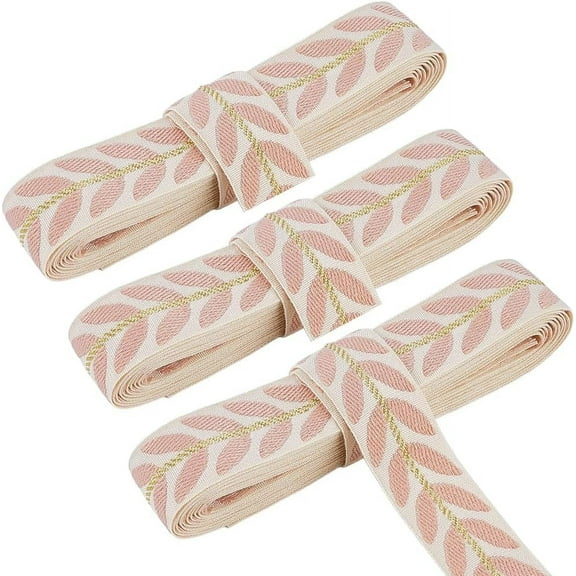 Pink Jacquard Ribbon Trim Leaf Pattern Polyester Ribbons Embroidered Trimmings White Ethnic Embroidery Woven Fabric Trim Tape Bulk for Sewing Making Crafts Clothes Curtain Garment Diy Supply