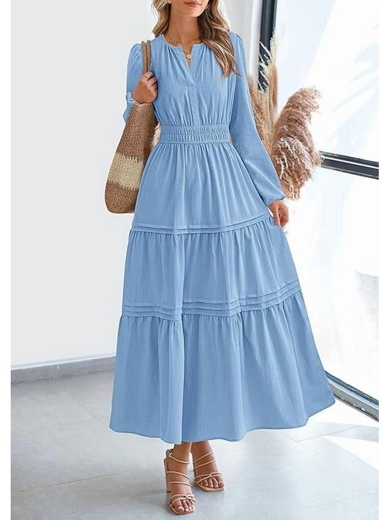 fitted lace wedding dress Emory High Neck Balloon Sleeve Maxi Dress | Arcadian Blue | Dresses main image 0