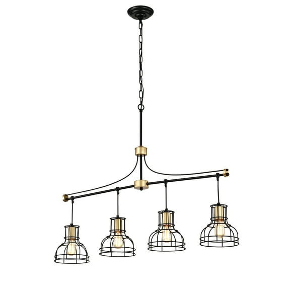 Dining Room Light Fixture/Chandelier Over Table 40-Inch Hanging for Farmhouse Linear Chandeliers,4-Light Kitchen Island Lighting,Matte Black and Matte Gold Ceiling Chandelier,with Metal lampshade
