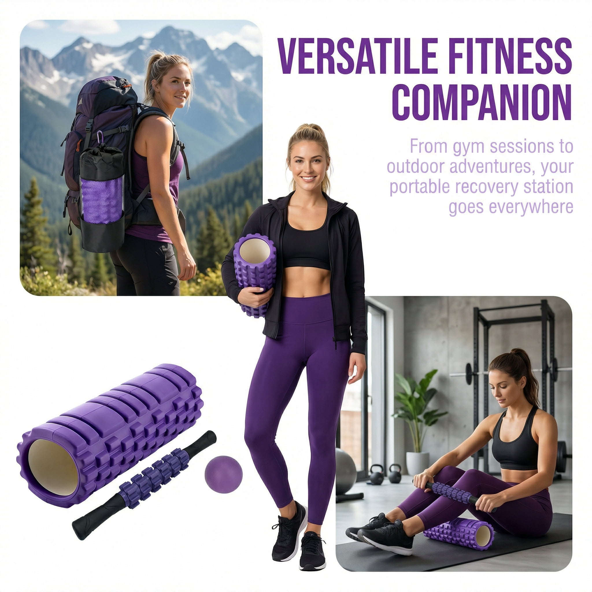 4-in-1 Purple Foam Roller Set,Foam Roller,Massage Stick,Massage Ball & Carry Bag, Deep Tissue Massage Tool for Muscle Recovery,Back Pain Relief,Yoga,Pilates,Home Gym & Physical Therapy