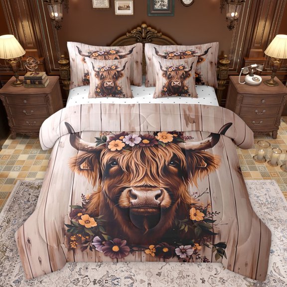 jejeloiu Retro Rustic Cow 7-Piece Twin Bedding Sets,Multicolor Flower Floral Bedding Comforter Set,Country Farmhouse Locge Sheet Sets For Boys Kids,Luxury Bedroom Decor Reversible