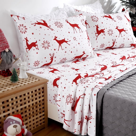 Cozy Brushed Polyester Christmas Sheet Set Red Reindeer Print, Wrinkle and Fade Resistant Deep Pocket Fitted Sheet Holiday Bedding with Flat Sheet Fitted Sheet 2 Pillowcases King/Queen