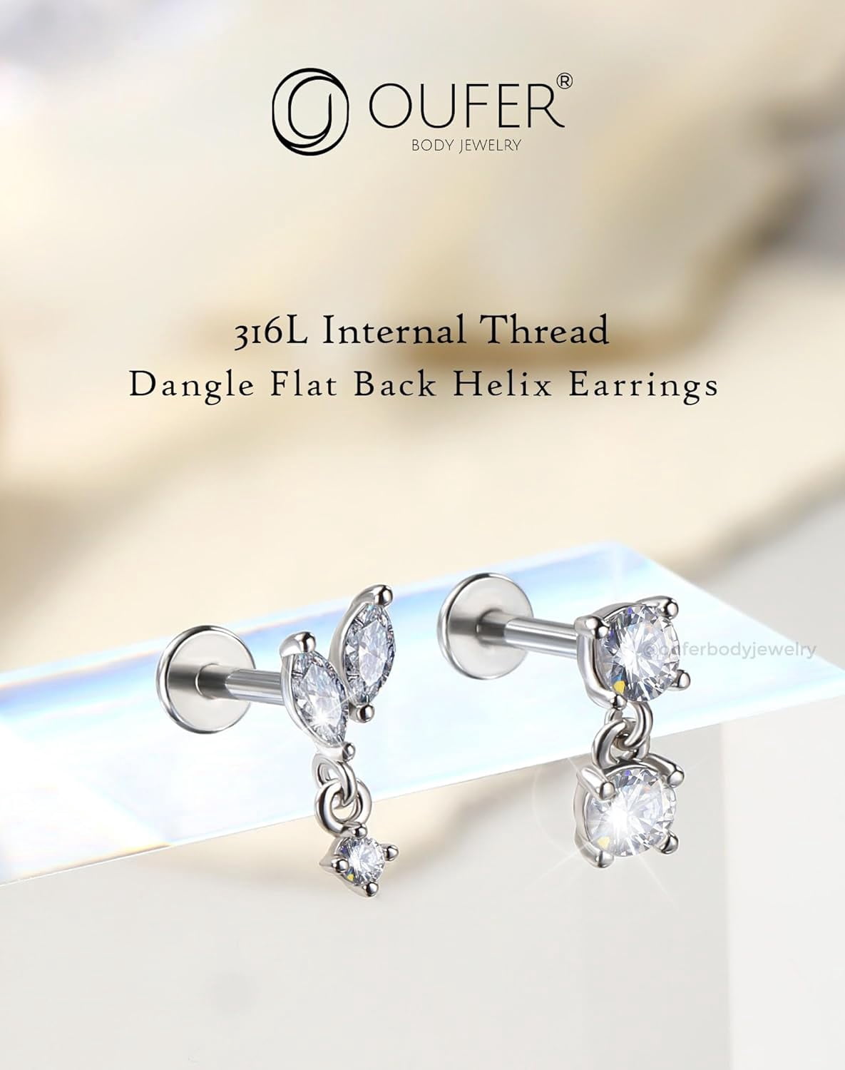 16G Fine Vine Tragus Piercing Internally Threaded Dangle Helix Stud Stainless Steel 316L Cartilage Ring Clear CZ Conch Lobe Earring 6 mm Flat Back Earring For Women[i181]