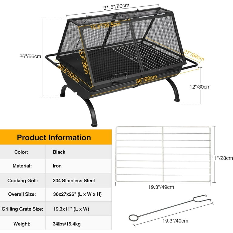  SereneLife Portable Outdoor Wood Fire Pit - 2-in-1 Steel BBQ  Grill 26 Wood Burning Fire Pit Bowl w/ Mesh Spark Screen, Cover Log Grate, Wood  Fire Poker for Camping, Picnic