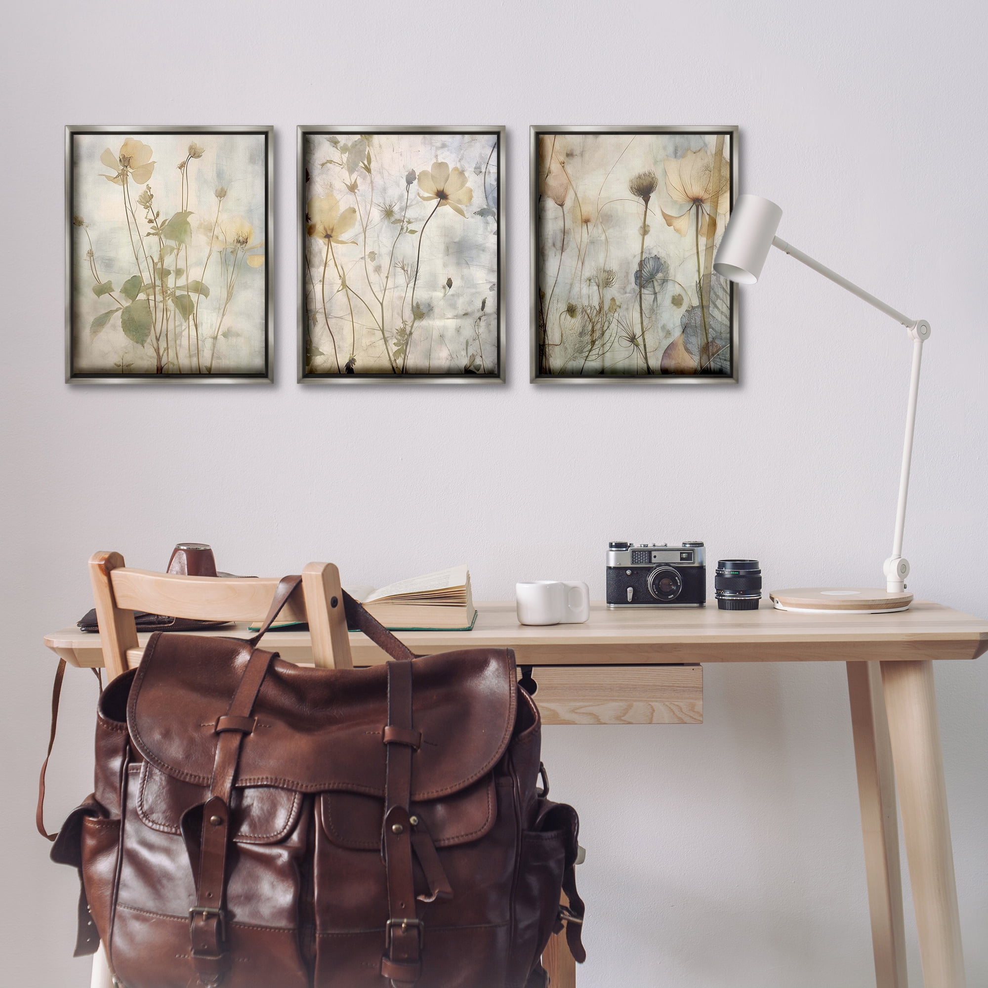 Stupell Industries Soft Blooming Botanicals Plants & Flowers Painting Gray Floater Framed Canvas Art Print Wall Art, 17 x 21, Set of 3