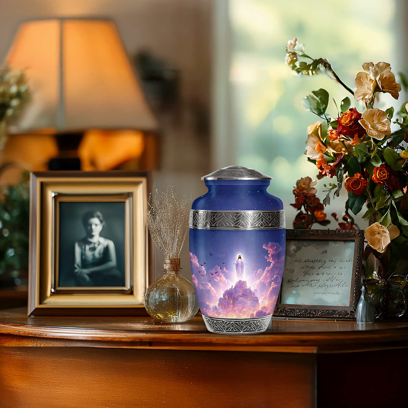 KARYLIZ Jesus Christ Decorative Urns for Burial & Funeral - Midnight Blue Large Cremation Urns for Adults - Funeral Urn for Ashes Adult Female Mom - Human Ash Urn for Ashes Adult Male Drummer 10 Inch
