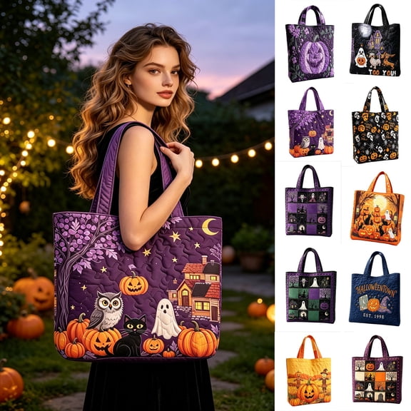 Resuable Eco Shopping Bag,Halloween Pumpkin Ghost 2D Embroidery Pattern Carry on Bag,Halloween Tote Gift Bags