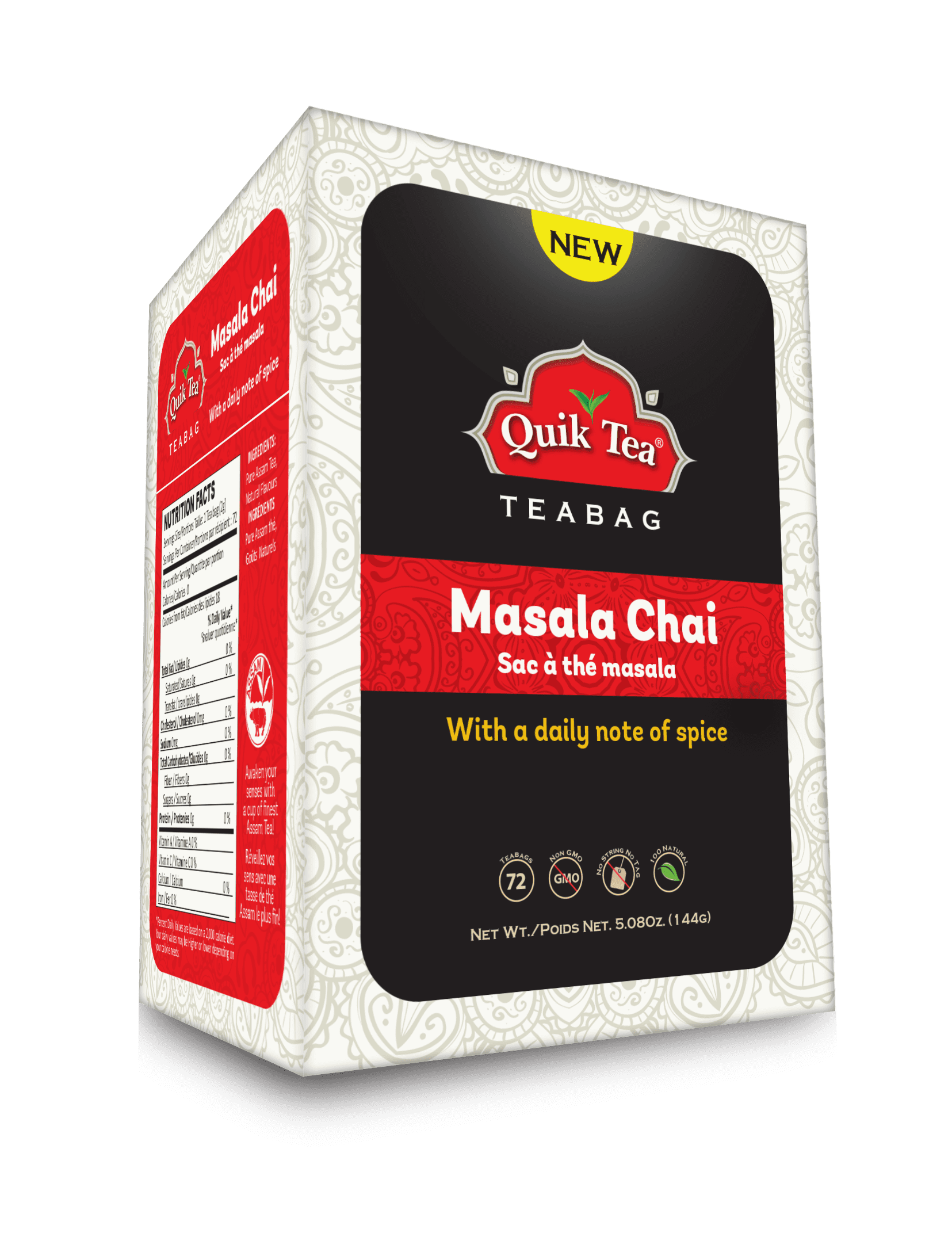 Quik Tea Masala Chai Tea Bags Single Box 72 Count All Natural Non