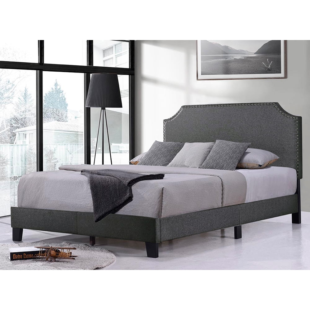 Kepooman Full Size Upholstered Platform Bed Frame with Nailhead Trim Headboard, Dark Grey Kepooman Full Size Upholstered Platform Bed Frame with Nailhead Trim Headboard, Dark Grey