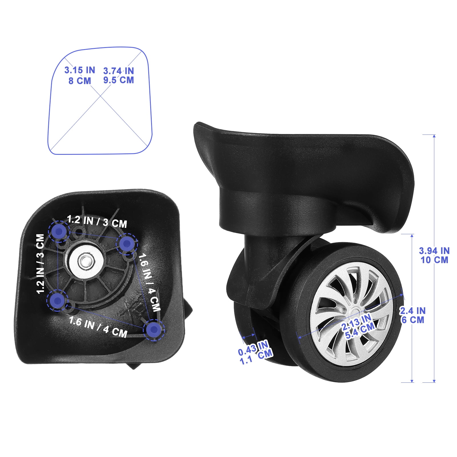 Plate Caster Wheels 4 Pack - 360 Swivel Universal Luggage Suitcase Replacement Wheels - Dual Roller Spare Casters for Repair