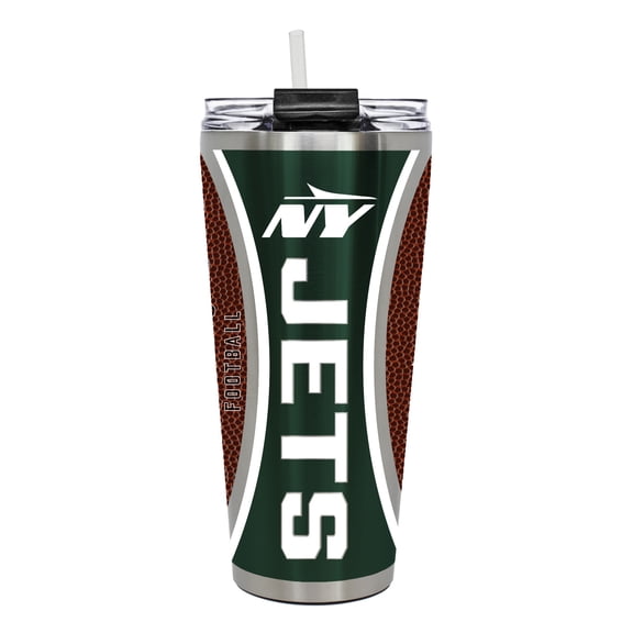New York Jets 32 ounce vacuum insulated stainless steel tumbler with Gameball graphic