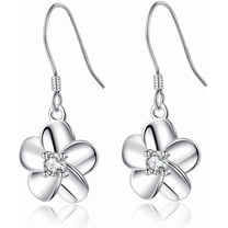Solid 925 Sterling Silver Hawaiian Flower Drop Earrings Plumeria for Women Teens CZ Flower Dangle Earrings Hooks for Spring