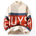 thumbnail image 3 of Suéter de punto para hombre, cuello alto empalmado, ropa blanca para hombre, jerseys de cuello alto, estampado, moda coreana, novedad de 2025, ajuste X Over Fit A, 3 of 5