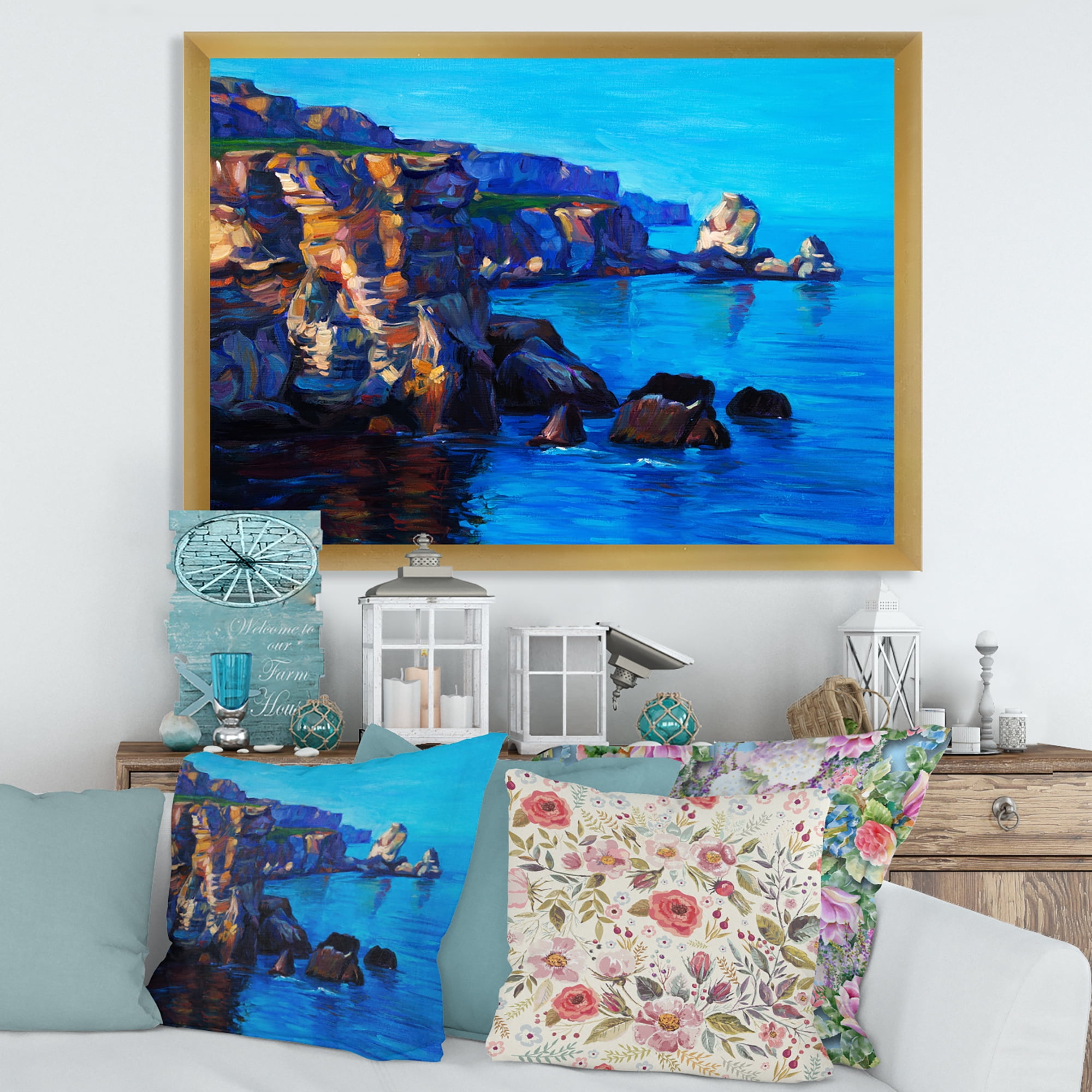 Designart 'The Ocean By Cliffs In The Evening Glow' Nautical & Coastal Framed Art Print