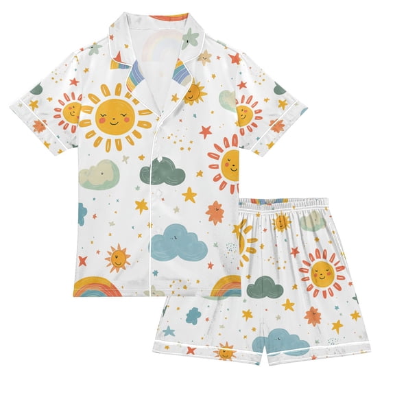 FORMRS Kids Satin Short Sleeve Pajama Set Unisex Top and Pants Soft 2-Piece Sleepwear, Sizes 5-6Y, Rainbows Pattern