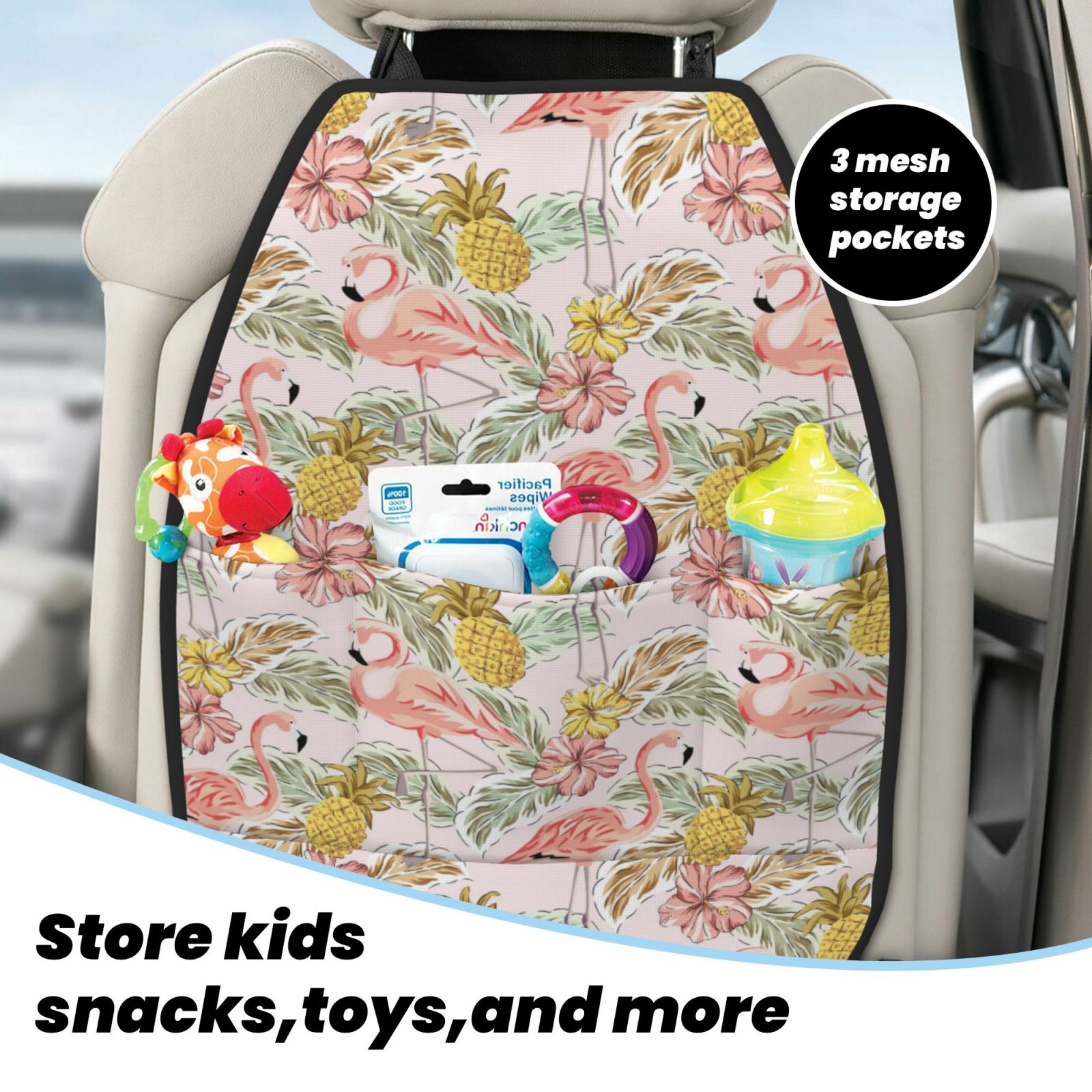 Kdxio Tropical Flamingo Pineapple Print 2 Pack Car Kick Mat Seat Cover Back Protector Mat with Pockets for Organizer Backseat Protector and Storage Anti Kick Pad for Vehicles