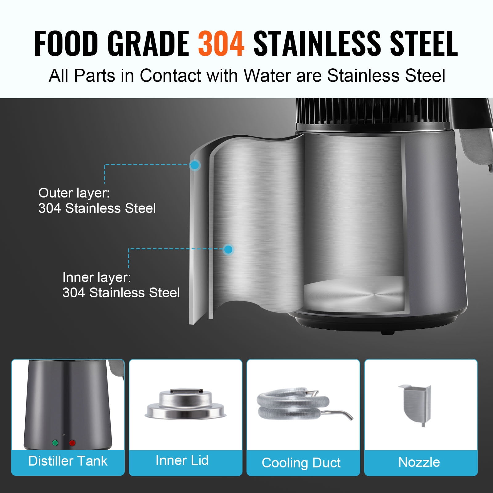 KFFKFF Water Distiller, 4L Capacity for Home Use, 750W Power, Stainless Steel Inside, Countertop Water Filtration System, Produces Pure Distilled Water, Grey