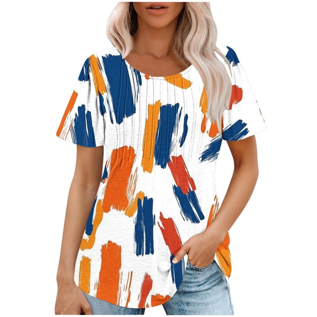 Pisexur Hauts de Printemps pour Femmes Blouses pour Femmes Décontractées Élégantes Hauts pour Femmes, T-Shirt Imprimé Décontracté pour Femmes Col Rond Manches Courtes Orange,2TG