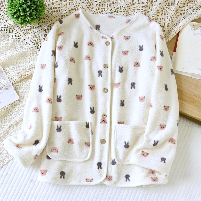 Pijama de manga larga para mujer, estilo informal, con estampado a cuadros, cuello en V, botones y bolsillo, de poliéster.
