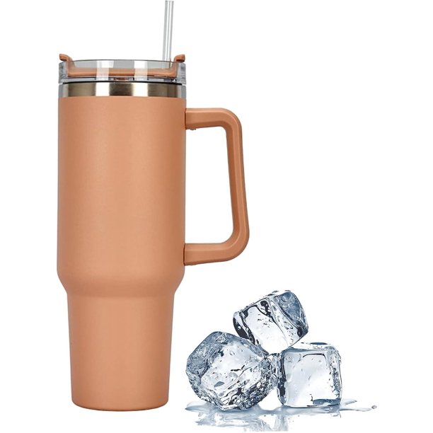 Taza de viaje de 1182 ml de 40 oz con pajita y Tapa de acero inoxidable con doble pared aislada al vacío para café frío y caliente Asa para beber fácilmente mientras se está en mov