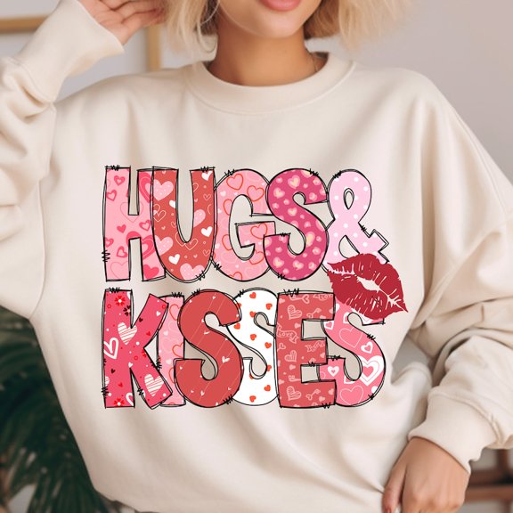 Hugs and Kisses Valentine Sweatshirt, Retro Kiss Doodle Pullover, Red Valentine’s Day Sweater, Cute Romantic Gift for Her