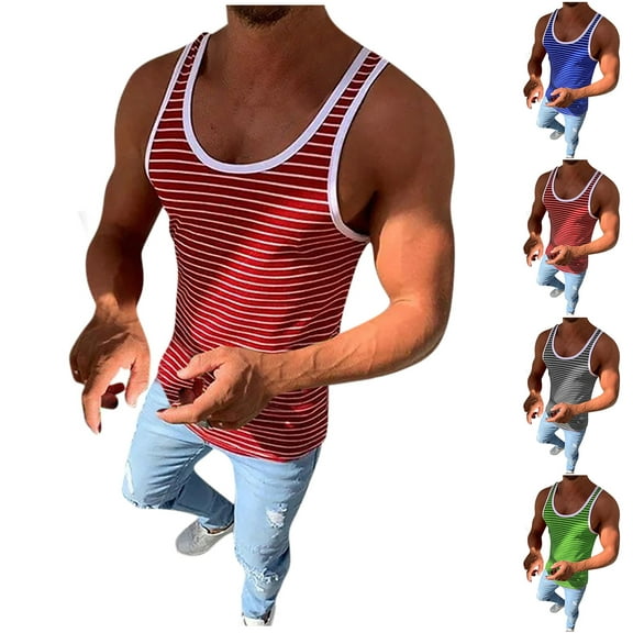 RYDCOT Stripes Cotton Tank Top for Men's Sleeveless T-Shirt Crew Neck Summer Striped Vest Red