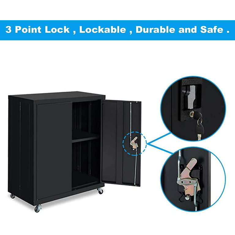 GREATMEET Metal Storage Cabinet with Locking Doors,Steel Storage Cabinet  with Wheels Suit for Home Office,Metal Cabinet with 1 Adjustable Shelf for