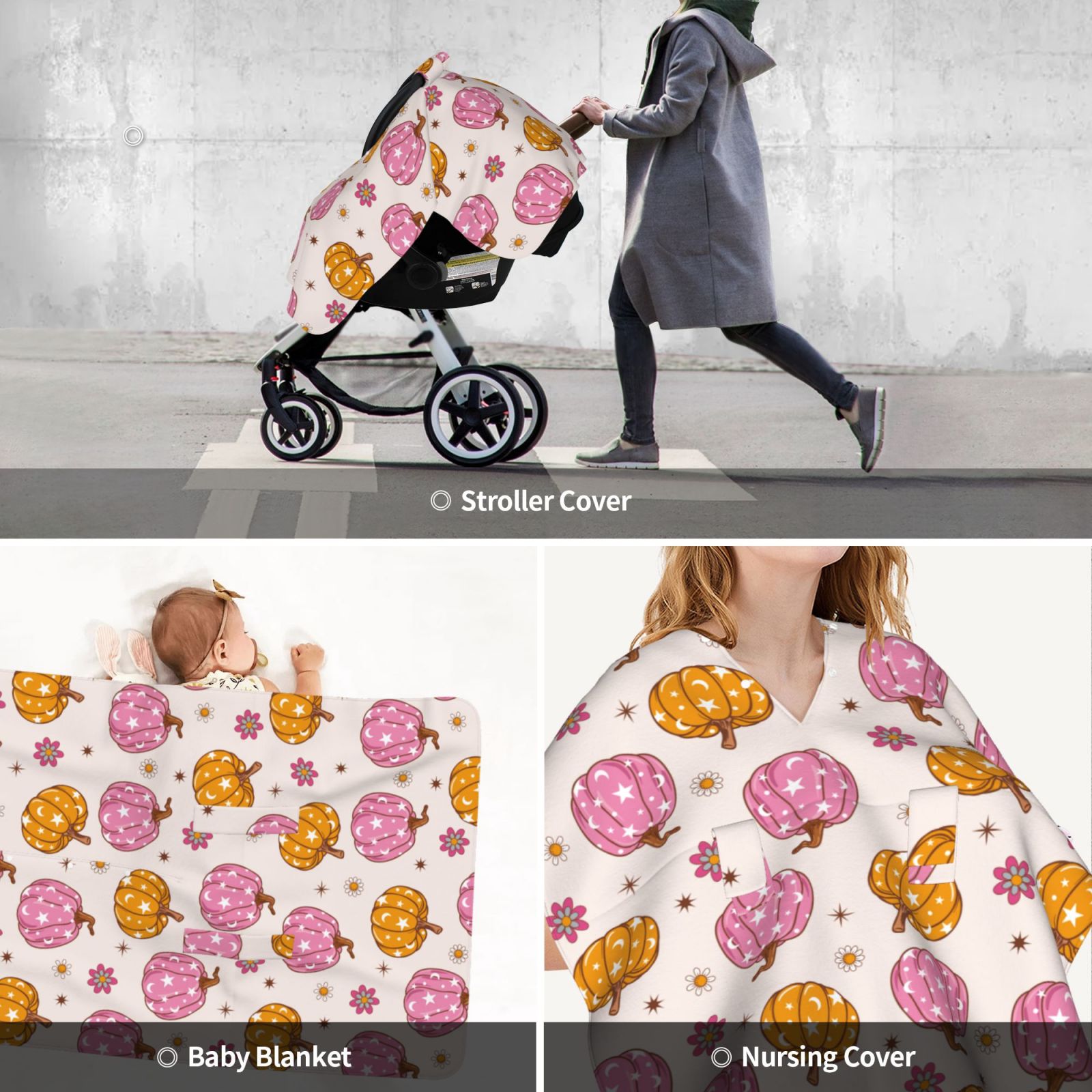 Car Seat Cover Baby - Cute Pink Daisy Pumpkin Breathable Infant Car Seat Cover for Baby Carseat, Lightweight Comfort Baby Essentials Must Haves Newborn Stuff for Girl Boy