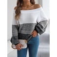 thumbnail image 5 of Women Crochet Knit Casual Color Block Off Shoulder Trendy Sweaters Pullover Lantern Sleeve Warm Tops Black L, 5 of 8