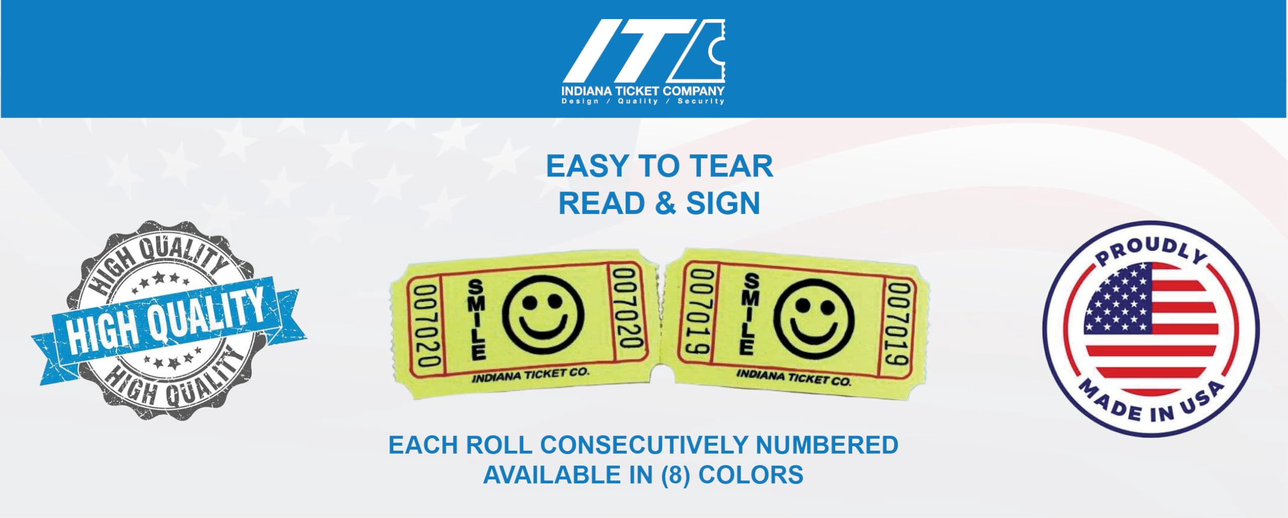 INDIANA TICKET CO. Smile Roll Tickets, 2000 Tickets Each, Blue, Red, Yellow, and Green, 4-Pack, 1x2, 8000 Total