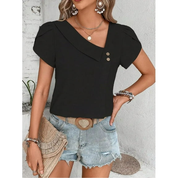 MORTTIC Women’s V-Neck Asymmetrical Tank Top – Short Sleeve Solid Color Casual Blouse, Relaxed Fit Summer Office Shirt