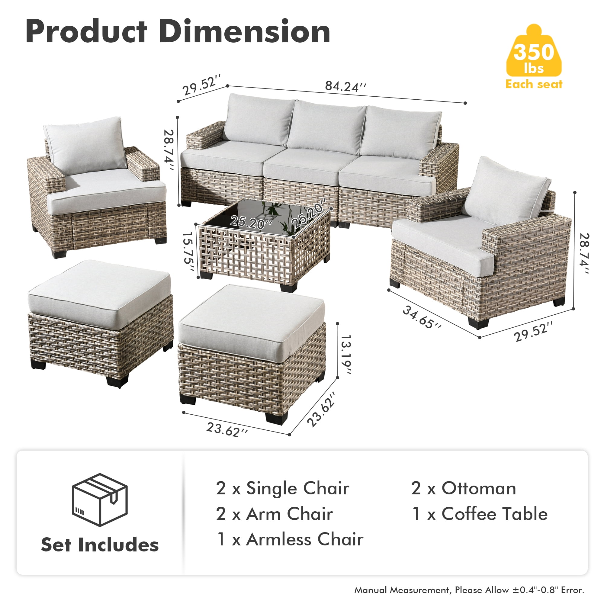 Vcatnet 8 Pieces Patio Furniture Sets PE Wicker Sectional Sofa Rattan Outdoor Conversation Set with Solar Powered Coffee Table for Porch, Backyard, Gray
