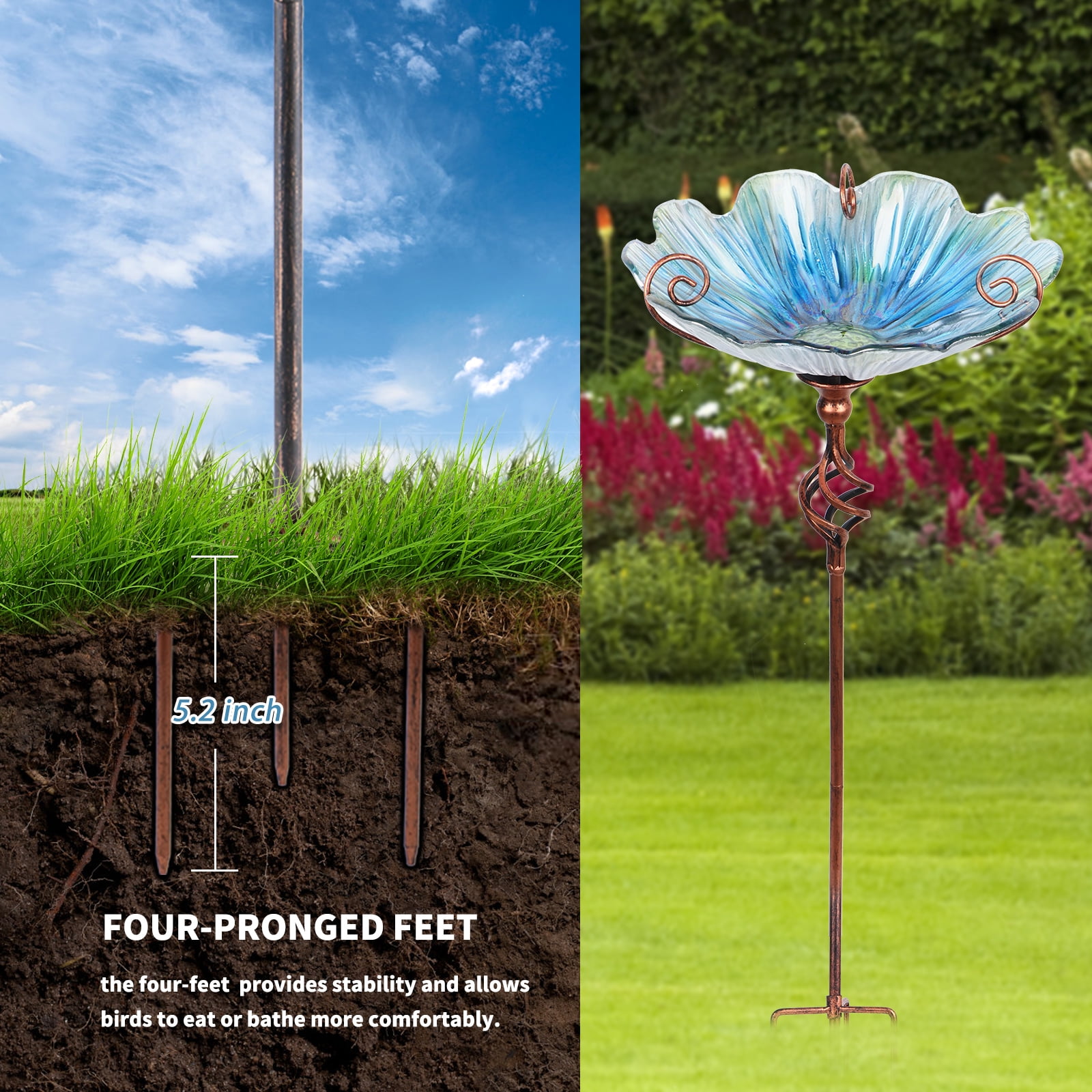 MUMTOP 31" Height Outdoor Glass Bird Feeder Bath, Blue