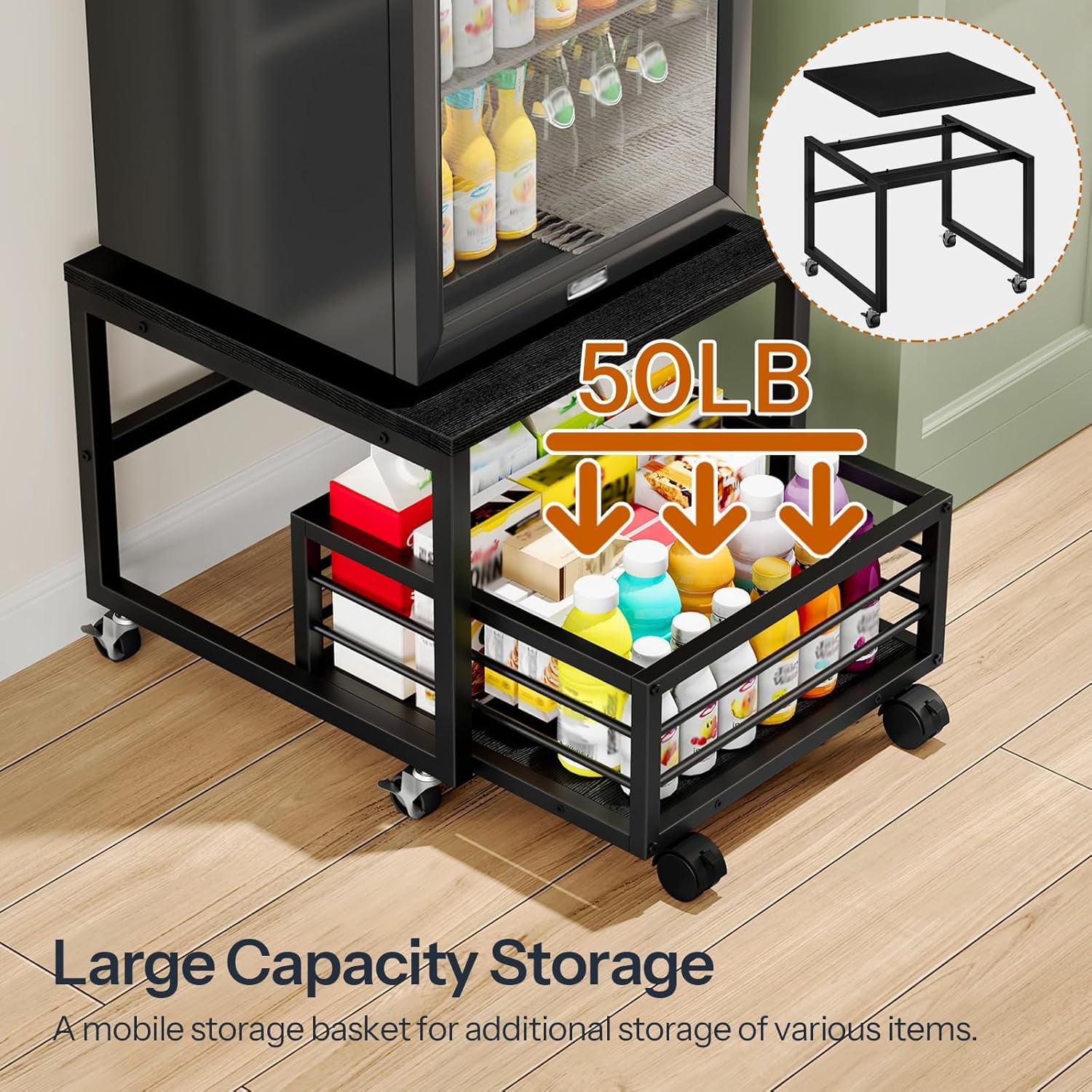 Mini Fridge Stand with Movable Storage Basket, Mini Fridge Cabinet with Wheels and Adjustable Feet, Sturdy Metal Frame, for Home, Apartment,Office, Dorm