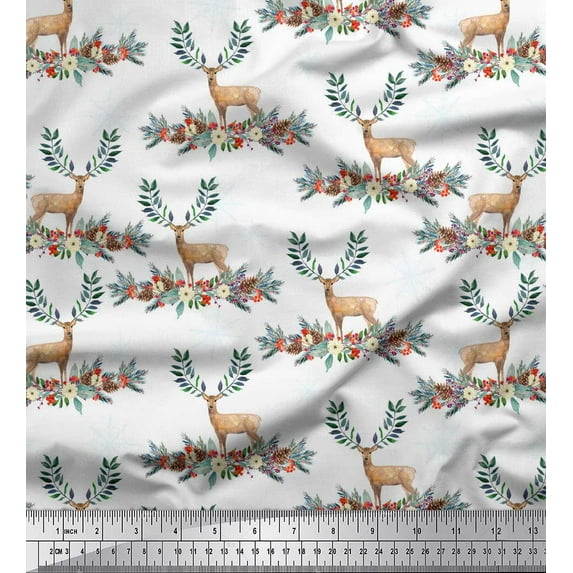 Soimoi White Rayon Fabric Deer & Floral Fabric Prints By Yard 42 Inch Wide