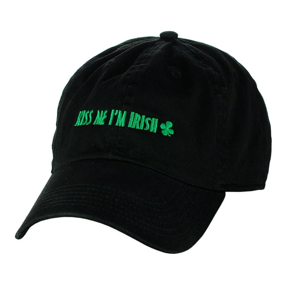 D&Y St. Patrick's Day Embroidered Quote Lucky Clover Low Profile Baseball Cap, Kiss Me I'm Irish, Black