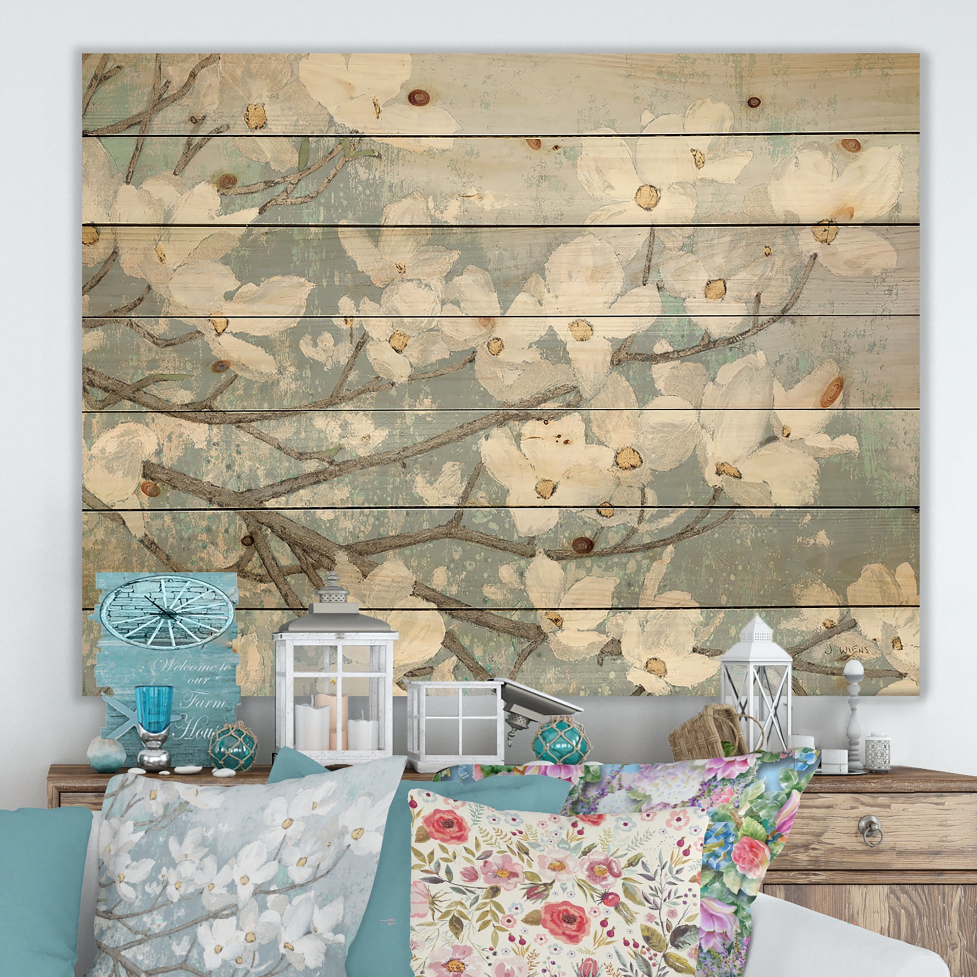 Designart 'Blue on Grey Blossoms Flower Branches' Traditional Print on Natural Pine Wood