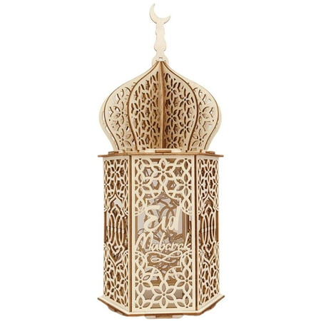 

Frusde Wooden LED Palace Lantern Muslim Wooden Lights Eid Mubarak Decorations Night Light Crafts Gift-B
