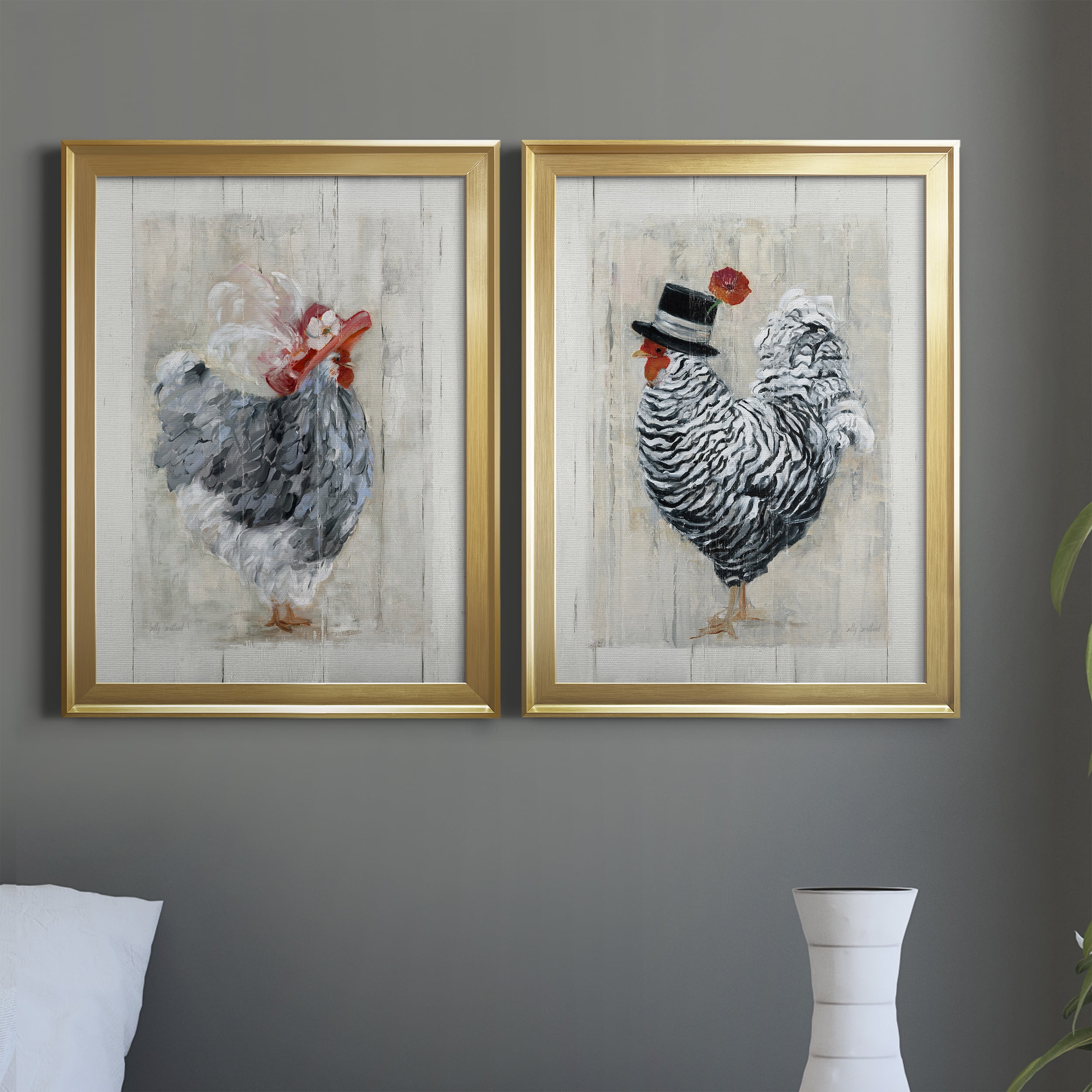 2 Piece Set Sunday Best Hen Premium Framed Canvas - Ready to Hang - 18.5 x 24.5 Each - Gold Frame