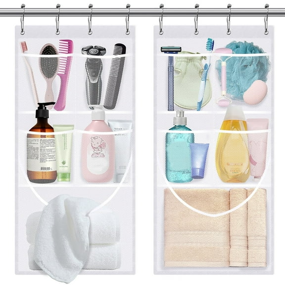 EMLTHORY 2Ppack Mesh Shower Caddy Hanging Organizer,Shower Curtain Liner Pockets Hanging Shower Organizer with Pockets Quick Dry Cruise RV Camper Bathroom Organizer with Shower Curtain Hooks