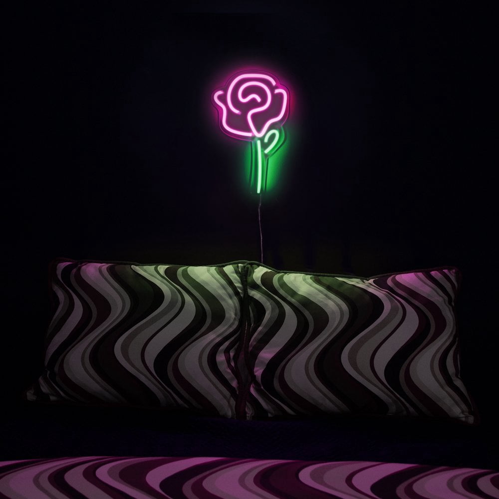 Isaac Jacobs 15" x 9" LED Neon Pink Rose Flower with Green Stem Wall Sign, Powered by USB Wire
