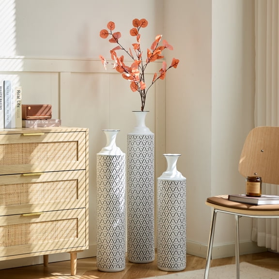 Noble House 33.85", 29.13", 24.8" Metal Floor Vase Set of 3, Geometric Pattern, White Black