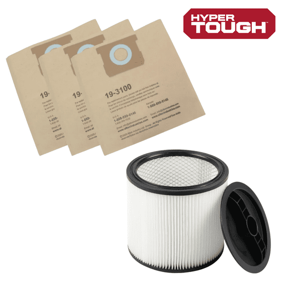 Hyper Tough 5 Gallon Wet/Dry Vac Filter Replacement Bundle - High Efficiency Disposable Bag 3-Pack and Cartridge Filter