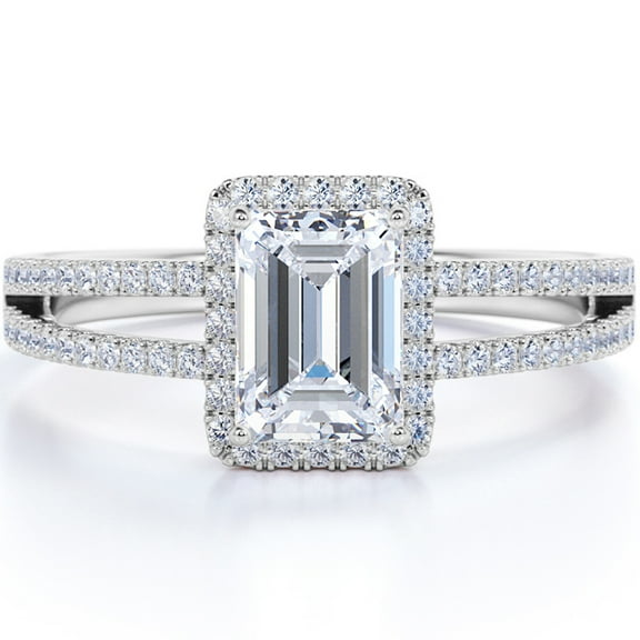JeenMata 1.75 Carat Emerald Cut Moissanite Engagement Ring - Halo - Split Shank - in 18K White Gold over Silver
