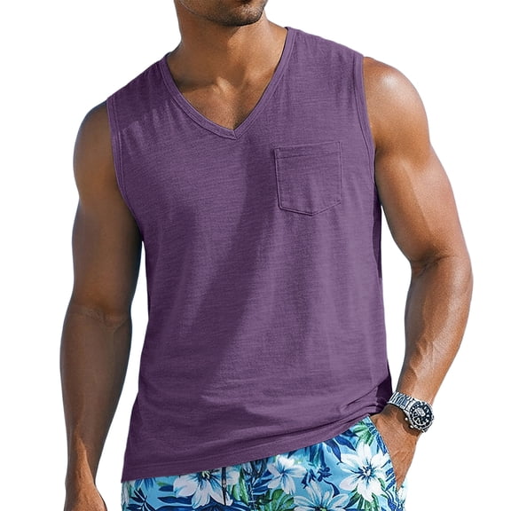 Men's V-Neck Sleeveless Quick-Dry Sports T-Shirt, Muscle Cotton Shirts, Summer Athletic Casual Basic Tees with Pocket, XL