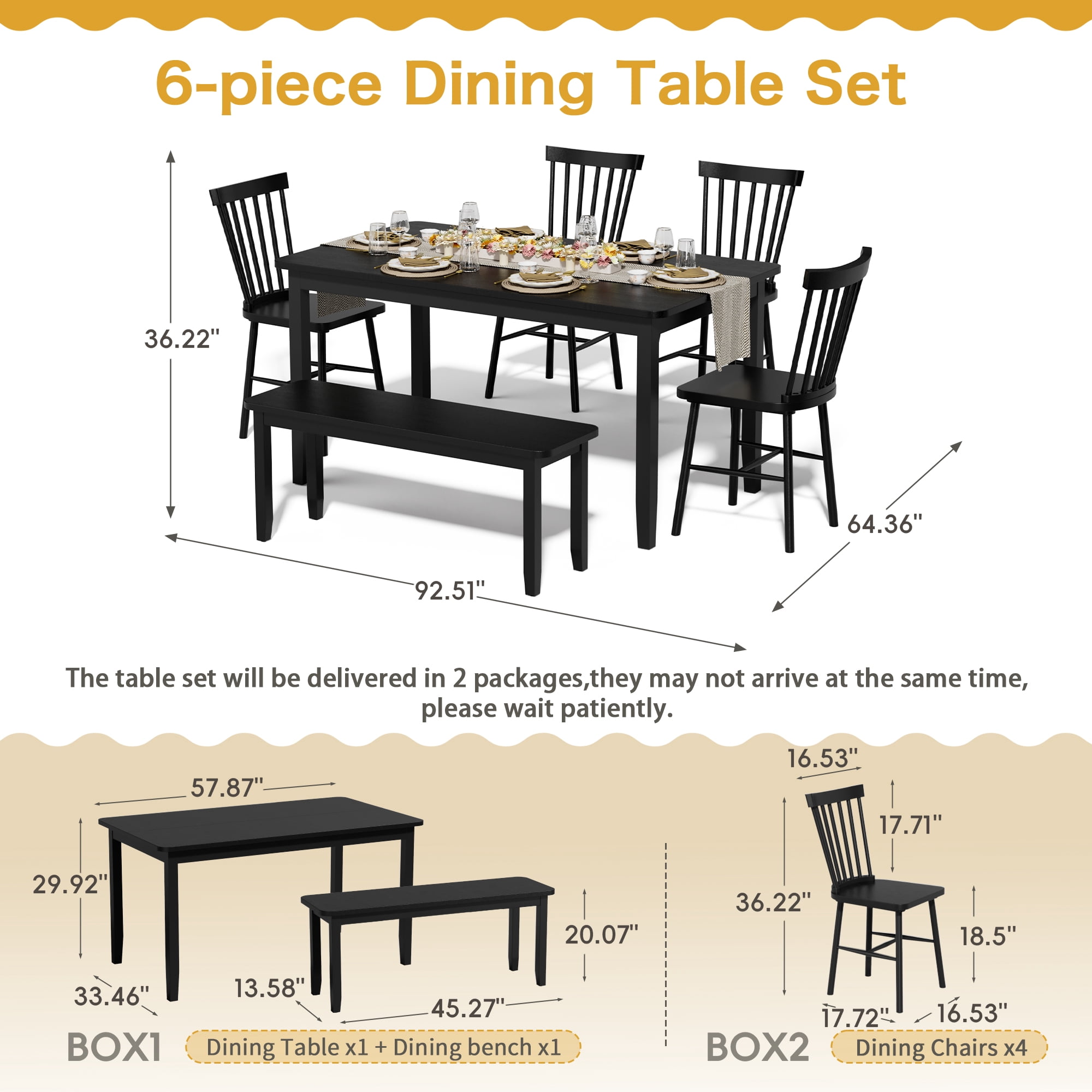 Lacoo Modern Simple Solid Wood Dining Table Set 6-Piece, 1 Table 4 Chairs 1 Bench, Kitchen Dining Room Furniture Set, Multiple Colors Available