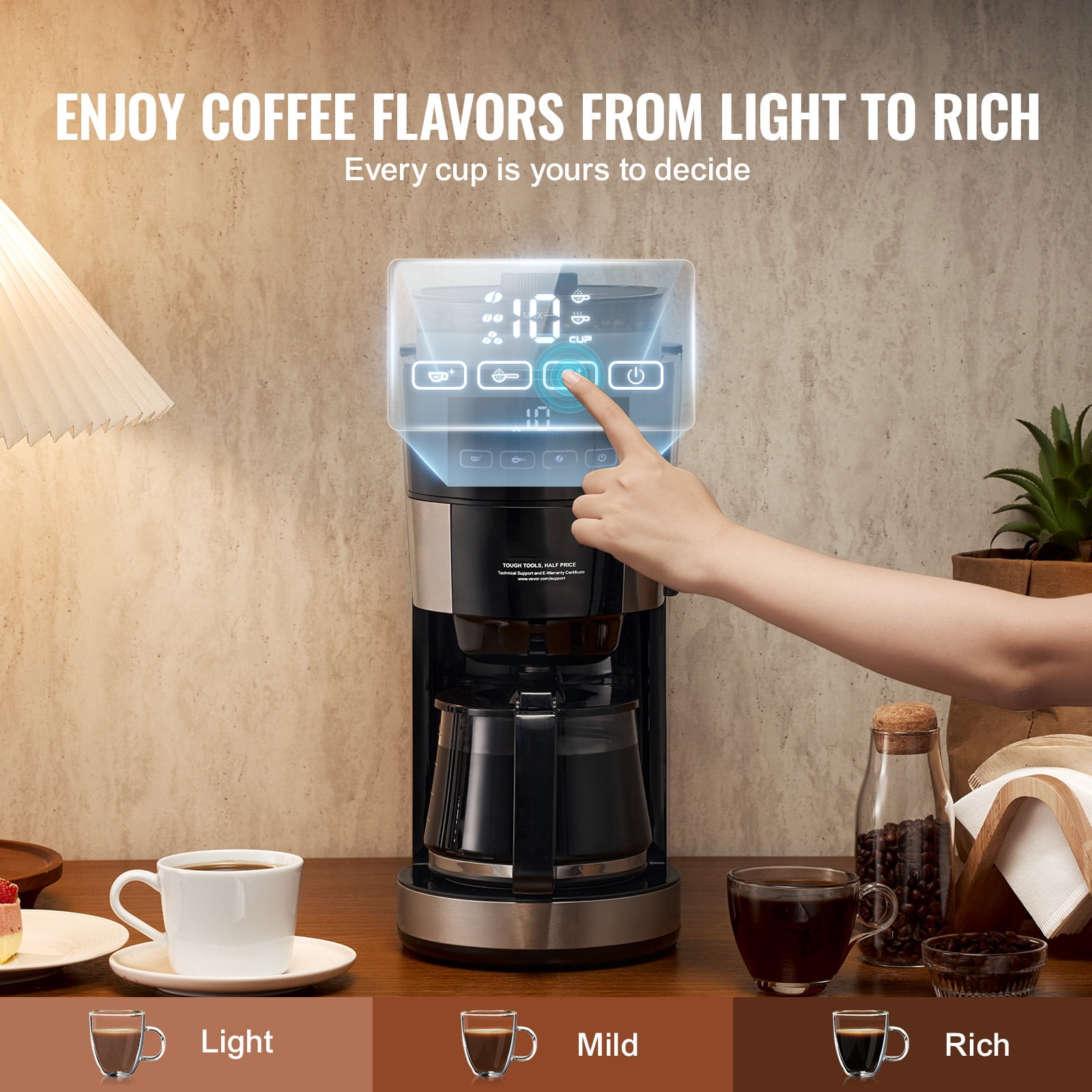 KFFKFF 10 Cup Coffee Maker with Grinder Grind and Brew Coffee Maker with 3 Brew Strength Control 24-Hour Timer for Auto Brew with Adjustable Grinding Coarseness